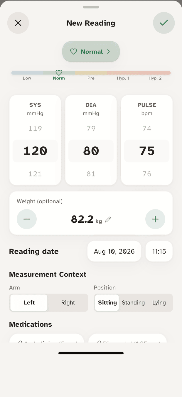 New Reading sheet with 120 over 80 and a pulse of 75, marked Normal, plus weight, arm, position and medications.