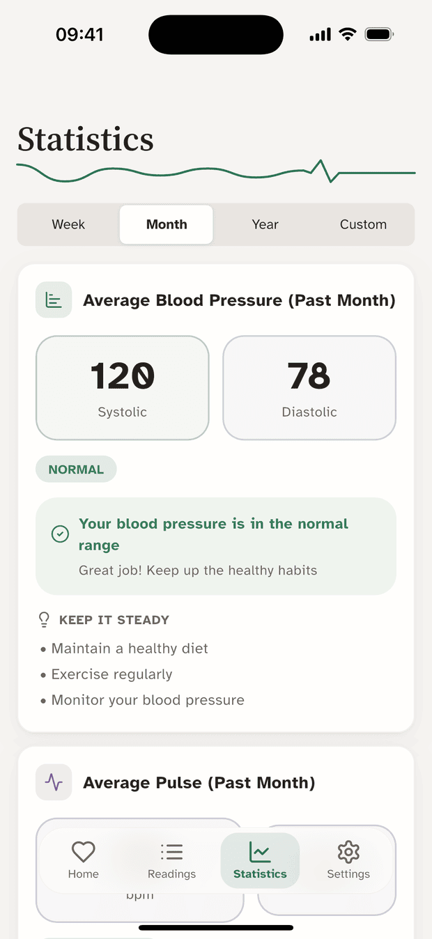 Statistics screen showing an average of 120 over 78 for the past month, classified as Normal.